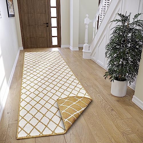 NORTHRUGS Malaga Indoor and Outdoor Reversible Rug - Flat Weave, Geometric Design, Oeko-Tex, Weatherproof and UV-Resistant for Balcony, Patio, Garden - Ochre, 80 x 250 cm