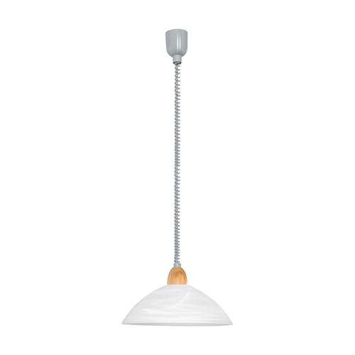 Eglo Pendant Light Lord 2, 1-Light Adjustable Hanging lamp, Classic Pendant lamp, Hanging Living Room Light Made of White Alabaster Glass, Silver-Coloured Plastic and Wood, E27 Socket