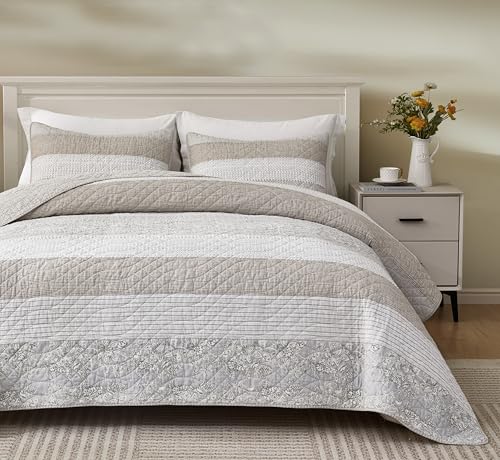 Chezmoi Collection Robyn 3-Piece Neutral Taupe Gray White Floral Hibiscus Flower Patchwork Striped Quilt Set - Pre-Washed Cotton Coverlet - Lightweight Reversible Bedspread, King Size