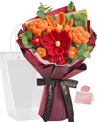 Alecono Crochet Flower Bouquet Orange Burgundy Handmade Knitted Rose Floral - Forever Artificial Flowers with Gift Card for Valentine's Day, Mother's Day, Birthday, Anniversary & Graduation Gifts