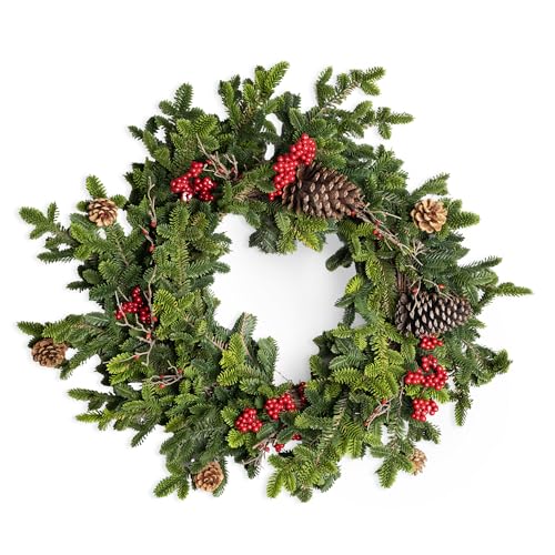 SHATCHI Fir Christmas Wreath 60cm PE Material Artificial Holiday Door Wreath with Real Touch Pine Needles Berries Pine Cones Fire Resistant Bendable Wire Wreath for Festive Front Door Winter Decor