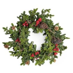 SHATCHI Fir Christmas Wreath 60cm PE Material Artificial Holiday Door Wreath with Real Touch Pine Needles Berries Pine Cones Fire Resistant Bendable Wire Wreath for Festive Front Door Winter Decor