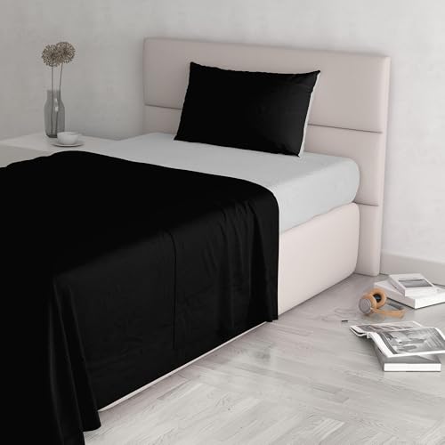 Italian Bed Linen Natural Color Bed Set (Flat 150x300, Fitted Sheet 90x200cm+Pillowcase 52x82cm), Petrol Bottle Green, 100% Cotton, Black/Light Gray, SINGLE