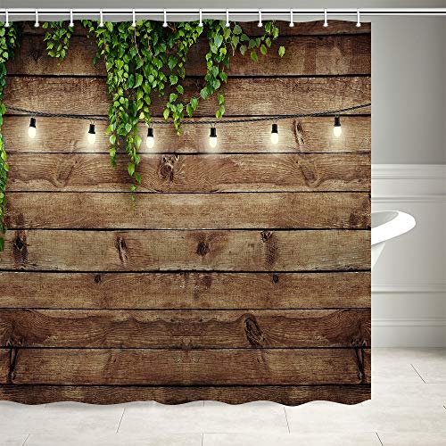 KOTOM Vintage Rustic Wooden Board Door Shower Curtain, Green Leaves on Farmhouse Country Wood Plank, Waterproof Polyester Fabric Countryside Life Bathroom Curtain with12PCS Hooks, 69X70IN