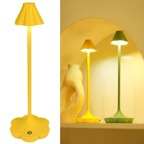LuminexDesigns Flower Design Touch Control Bedside Lamp–Rechargeable Cordless Table Lamp,Dimmable Metal Designer Lamp for Bedroom,Living Room & Cozy Atmosphere,Mustard Yellow