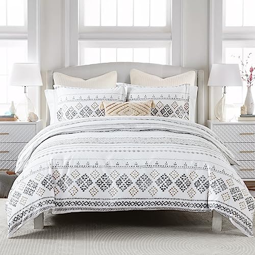 CozyDH Boho Duvet Cover Queen Size - 100% Cotton 400TC Lightweight Aztec White Queen Duvet Cover Set, Bohemian Geometric Pattern Comforter Cover Set/Bedding Set 3pcs (90 x 90, No Comforter)