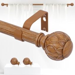 TANGWIN Adjustable Window Curtain Rods 28-48 Inch with 1 Inch Diameter Wood Effect Textured Net Finials Single Curtain Rods 18-45 Inch Brown Wood