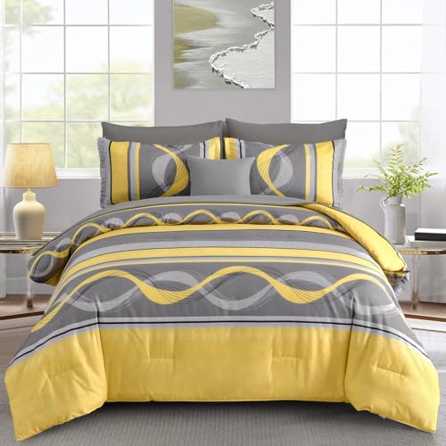 "Anibedding Yellow Comforter Set California King Size,8 Pieces Bed in a Bag Patchwork Striped Bedding Sets,Boho Soft Microfiber Bedding Set for All Season(104""??96"")"
