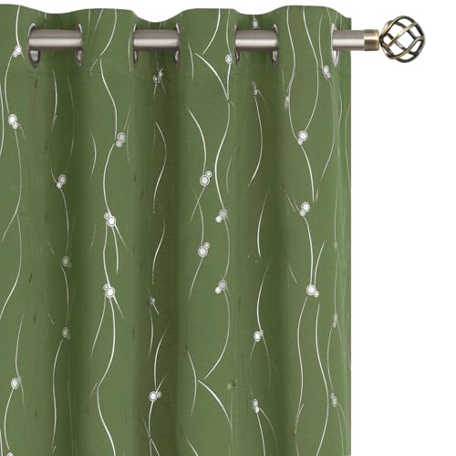 BGment Olive Green Blackout Curtains 84 Inch Length 2 Panels Set, Grommet Thermal Insulated Blackout Curtains with Wave Line and Dots Printed for Living Room, Each Panel 52 x 84 Inch
