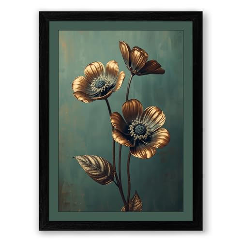Single Stem in Gold Botanical Framed Wall Art Print A4 (29.7×21cm) Black, Wall Decor for Living Room, Bedroom, Office & Home, Ready to Hang, Art Gift