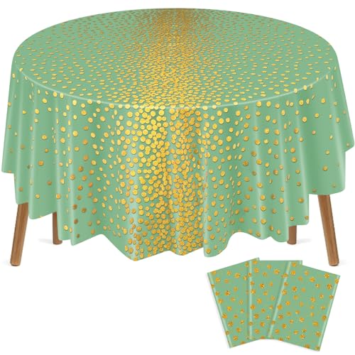 VitalCozy Round Dot Tablecloth 84 Inch Plastic Table Cover Polka Dot Confetti Tablecloths for Easter 2026 Graduation Prom Wedding Birthday Spring Party Supplies(Sage Green and Gold,3 Pcs)