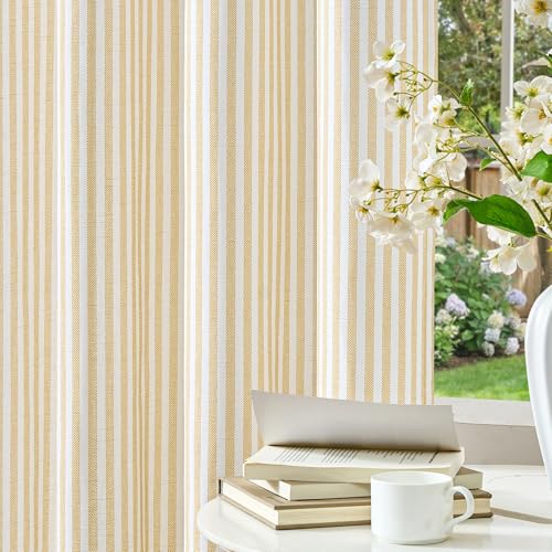 Vangao Linen Striped Curtains for Living Room Bedroom Farmhouse Tickingstripe Light Filtering Window Curtains Printed Drapes Grommet Top 2 Panels Mustard Yellow on Off White W55 x L95 Inch