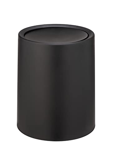 WENKO Atri Black Swing Top Bin 6 L, 6 Litre Waste Bin with Lid Plastic, Invisible Bin Liner, Ø 21 x 25.5 cm, Black