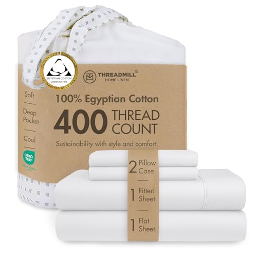 Threadmill Home Linen Certified 100% Egyptian Cotton King Size 4 Piece Solid Bed Set, 400 Thread Count Sateen Weave, Comfortable Hotel White Sheets with Elasticized Deep Pocket