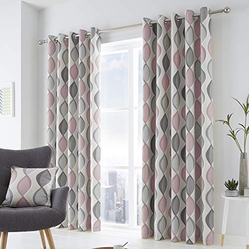 Fusion Lennox 100% Cotton Eyelet Lined Curtains, Grey/Blush, 90 x 72 Inch