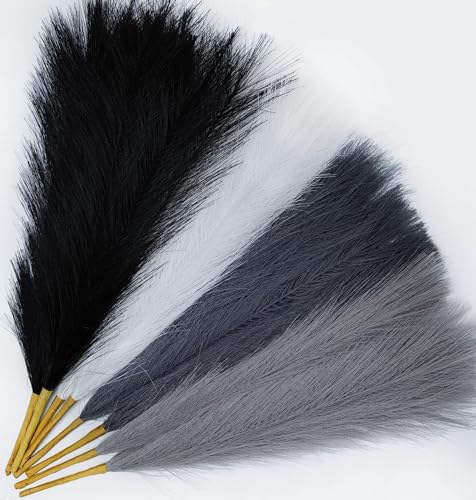 "SeptCat 8 Pcs 17"" Pampas Grass Faux Dried Decor, Fluffy Fake Small Pompas Artificial Black White Grey Gray Pompous Short Stems Bouquet Flower Arrangement Vase Filler for Boho Home Wedding Decoration"