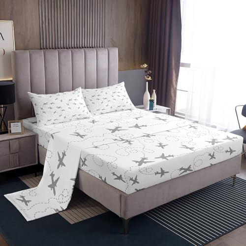 Feelyou Cartoon Flight Bed Sheets Set Queen Size Kids Airplane Sheet Set for Toddler Aircraft Print Sheets with Deep Pocket Fitted Sheet Microfiber Travel Decor Grey and White Bedding Set Bedroom