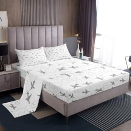 Feelyou Cartoon Flight Bed Sheets Set Queen Size Kids Airplane Sheet Set for Toddler Aircraft Print Sheets with Deep Pocket Fitted Sheet Microfiber Travel Decor Grey and White Bedding Set Bedroom