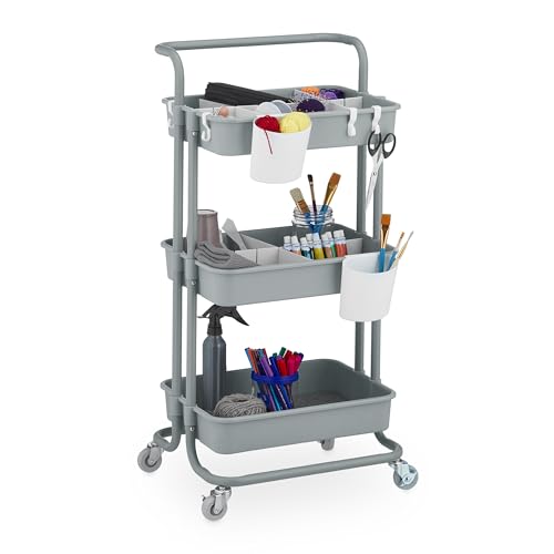 Relaxdays Storage Trolley, 3 Shelves, Cart for Kitchen, Bathroom & Office, Rolling Shelf, HWD: 86 x 42.5 x 36 cm, Grey