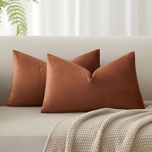 JUSPURBET 16x24 Throw Pillow Covers Set of 2 Decorative Pillow Covers for Couch Sofa Bed Cozy Velvet Lumbar Cushion Covers Cases with Invisible Zipper for Living Room Home Decor,Mocha Mousse