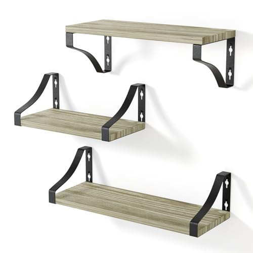 edihome, Wall Shelves, 3 Tier Wall Shelves, Floating Shelves, Natural Wood Wall Shelves, Decoration, Ideal for Living Room, Bedroom, Bathroom (American Walnut)