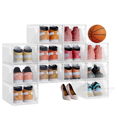 SONGMICS Set of 12 Shoe Boxes Bundle, Clear Stackable - Plastic Shoe Storage Organiser, Magnetic Doors, Space Saving Wardrobe Storage