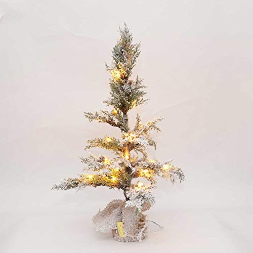 SHATCHI Table Mantel Centrepiece Pre Lit LED Christmas Tree Frosted Tips with Pine Cones Flocked Snow Covered Xmas Tree with Burlap Base for Decoration