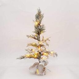 SHATCHI Table Mantel Centrepiece Pre Lit LED Christmas Tree Frosted Tips with Pine Cones Flocked Snow Covered Xmas Tree with Burlap Base for Decoration