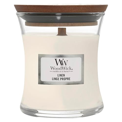 WoodWick Scented Candle with Crackling Wick - Linen Mini Hourglass Candle - Up to 20 Hours Burn Time - Perfect Gifts for Women