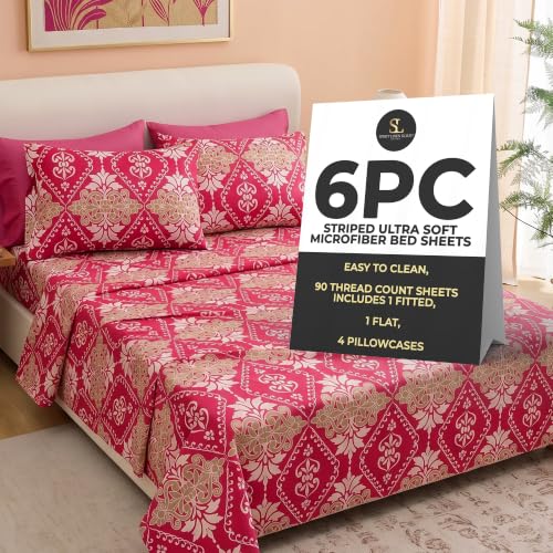 Spirit Linen Home 6-Piece Breathable Bed Sheet Set - Twin, Burgundy Damask - Deep Pocket Soft and Breathable Microfiber Material Bed Sheets with 1 Fitted Sheet, 1 Flat Sheet, and 4 Pillowcases included