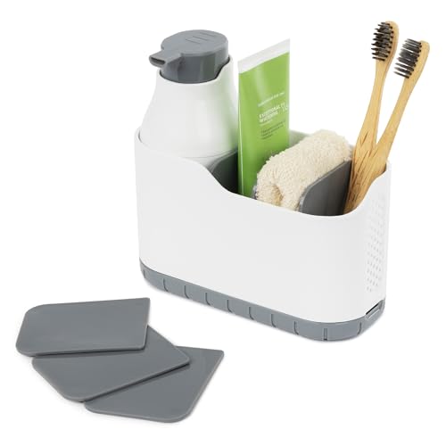 LIVIVO 2-in-1 Sink Caddy and Foam Soap Dispenser, Kitchen and Bathroom Storage, Adjustable Storage Caddy (White)