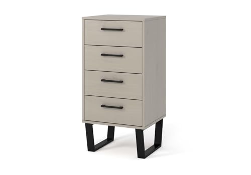 Home Source Industrial Style Tallboy Chest of Drawers, Pine Home Bedroom Organiser, 4 Drawer Narrow, Grey