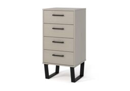 Home Source Industrial Style Tallboy Chest of Drawers, Pine Home Bedroom Organiser, 4 Drawer Narrow, Grey