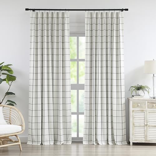 "Vision Home Black Plaid Linen Pinch Pleated Full Blackout Curtains Checkered Thermal Insulated Window Panels 102 inch for Bedroom Living Room Light Blocking Rustic Pleat Drapes with Hooks 40""Wx102""Lx2"