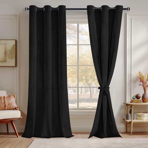 JIUZHEN Black 42 x 96 inches Velvet Blackout Curtains - Retro Luxury Insulated Window Covering Noise Absorbing & Privacy Protect Drapes for Living Room/Indoor Decorations, Set of 2 with Tiebacks