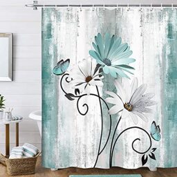 VEIVIAN Rustic Farmhouse Shower Curtain, Farm Teal Daisy Floral Flowers and Butterfly on Country Wooden Shower Curtain for Bathroom, Turquoise Blue Bathroom Shower Curtains with 12PCS Hooks (70X70)