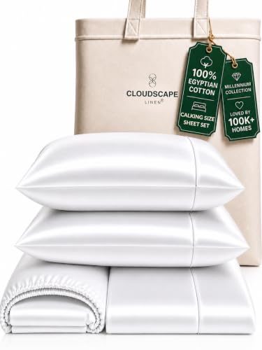 Cloud Scape Linen Engineered Dual-Ply Egyptian Cotton California King Sheet Set ??? Long-Staple Sateen Weave, 4-Piece Soft Hotel Quality Bedding Set,Deep Pockets Up to 17???, White