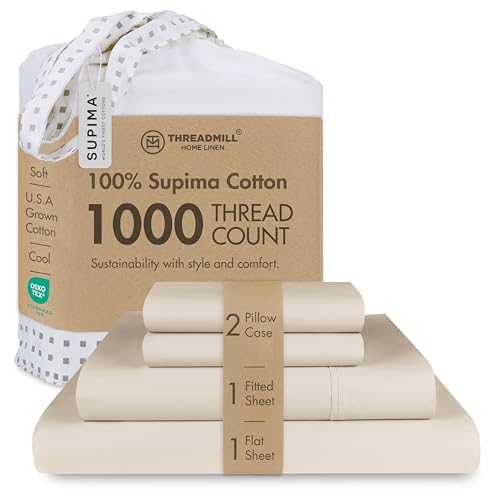 Threadmill 1000 Thread Count Supima Cotton Calking Sheet Set, Sateen, Beige - 100% Supima Cotton, Sateen Weave, 4-Piece Set, All-Around Elastic, Fade-Resistant, Hotel Quality, OEKO-TEX Certified