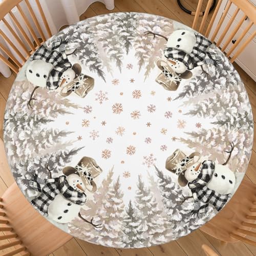 ABSOP Winter Snowman Round Fitted Tablecloth with Elastic Edge Xmas Tree and Snowflake Pattern Circle Table Cloth 40-44 Inch Christmas Table Cover for Kitchen Party Patio Picnic