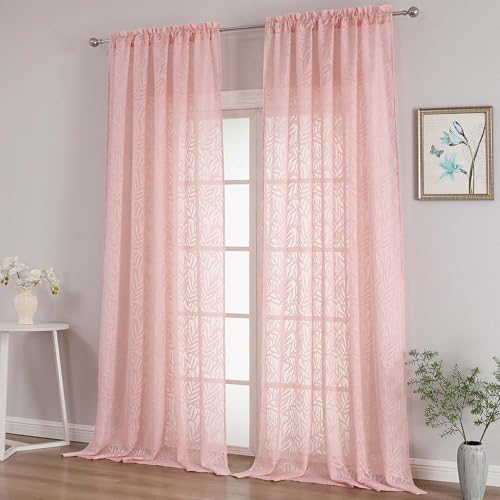 OVZME Extra Wide Blush Pink Sheer Curtains 108 Inches Long 2 Panels Set, Leaf Jacquard Lightweight Textured Semi Sheer Curtains for Sliding Door, Dual Rod Pocket Elegant Drapes, 2x52Wx108L Inches