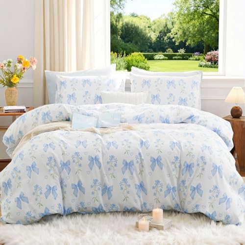 CCoutueChen Blue Bow Duvet Cover Full 3Pcs Girls Floral Duvet Cover Set, Cute Romantic Princess Style Bowknot Bedding Set Soft Microfiber Garden Flower Bedding with 2 Pillowcases(No Comforter)