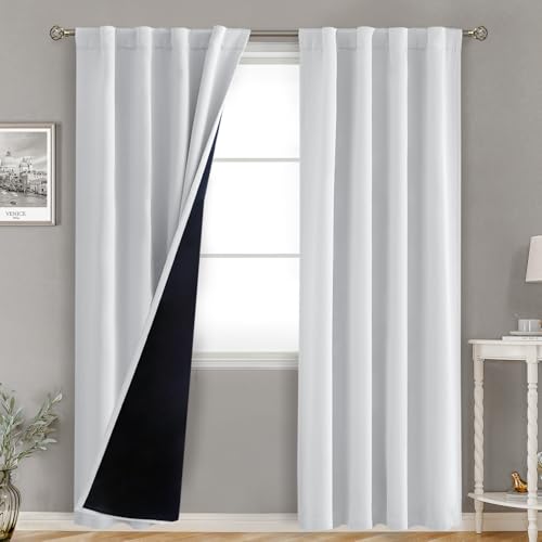 BGment Greyish White 100% Blackout Curtains for Bedroom, 84 inch Panels Black Out Rod Pocket and Back Tab Double Layer Room Darkening Living Room Drapes with Thermal Liner, 2 Panels,38 x 84 Inch