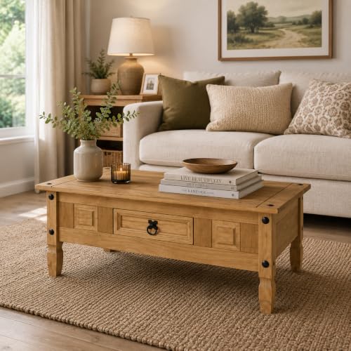 Corona Coffee Table Rectangular Mexican Solid Pine Natural Wax Finish - 1 Drawer, Living Room