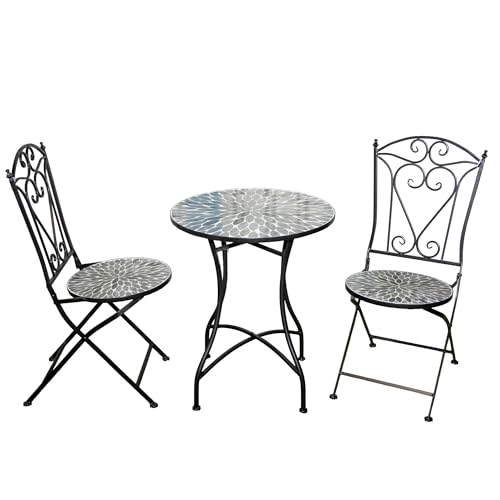 Mosaic Bistro Set 3 Pieces - 2 Folding Chairs and Round Table 60cm Leaf Metal Outdoor Garden Furniture Set for Balcony, Terrace, Porch, Outdoor Dining