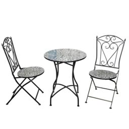 Mosaic Bistro Set 3 Pieces - 2 Folding Chairs and Round Table 60cm Leaf Metal Outdoor Garden Furniture Set for Balcony, Terrace, Porch, Outdoor Dining