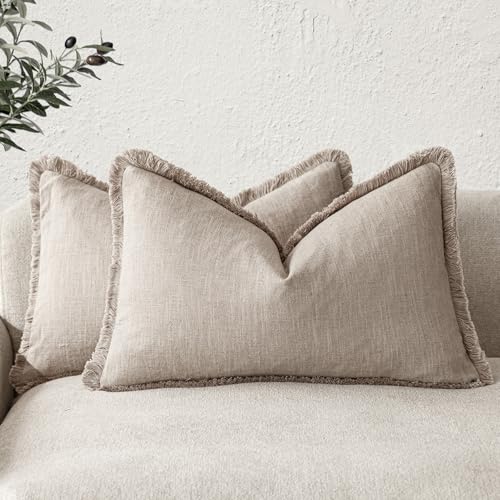 Foindtower Set of 2 Decorative Linen Fringe Lumbar Throw Pillow Covers Farmhouse Cushion Cover with Tassels Accent Pillowcase for Couch Sofa Bed Living Room Home Decor,12??24 Inch,Natural Linen