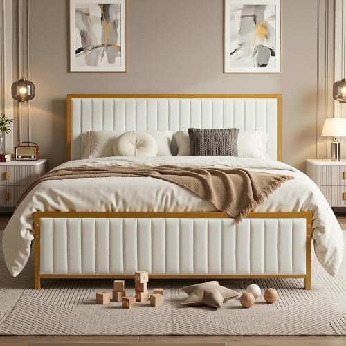 VECELO Double Bed Frame with Upholstered Linen Headboard and Footboard, Heavy-Duty Platform with Strong Metal Slats, No Box Spring Needed, Easy Assembly, Beige