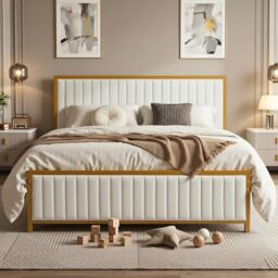 VECELO Double Bed Frame with Upholstered Linen Headboard and Footboard, Heavy-Duty Platform with Strong Metal Slats, No Box Spring Needed, Easy Assembly, Beige