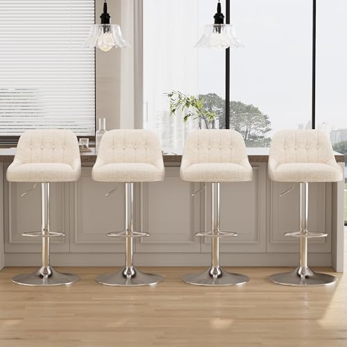 Adjustable Bar Stools Set of 4, Swivel Counter Stools with Backrest, Chenille & Faux Leather Upholstered Bar Chairs, Height Adjustable Kitchen Breakfast Bar Stools, Chrome Metal Base,Beige