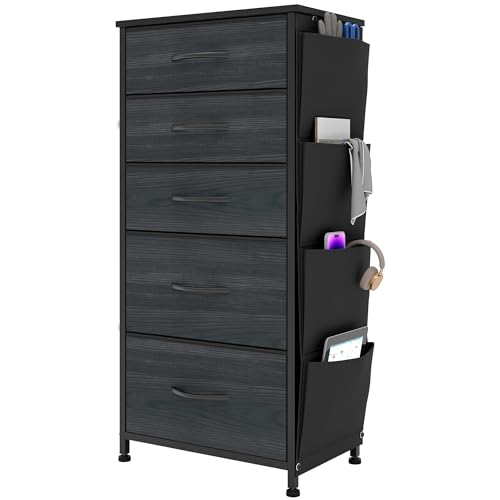 YITAHOME Narrow Chest of Drawers with 5 Drawers, Fabric Drawers with Side Pocket&Hooks,Sturdy Steel Frame,Storage Drawers for Bedroom, Closet,Charcoal Black Wood Grain